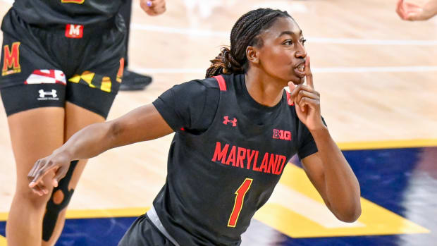 Maryland’s Diamond Miller reacts to scoring a buzzer beater vs. Notre Dame.
