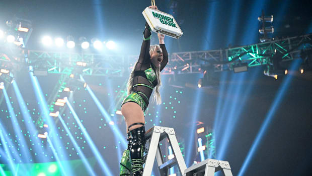 Liv Morgan celebrates the Money in the Bank title.