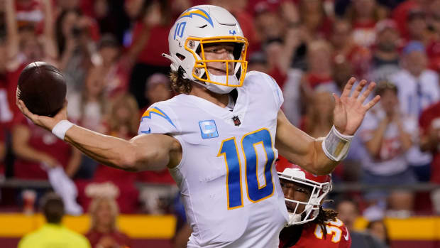 Chargers quarterback Justin Herbert throws a pass during the second half of a game against the Chiefs.
