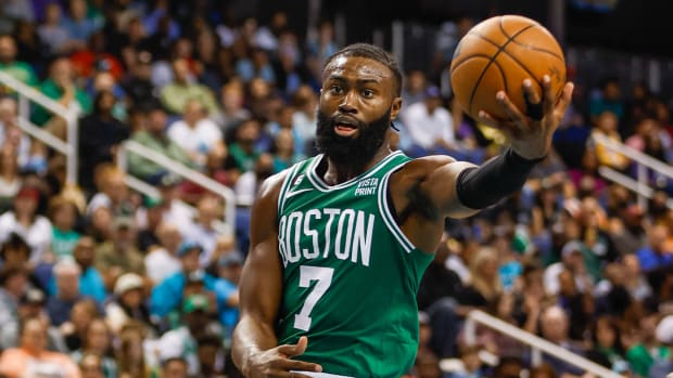 Oct 7, 2022; Greensboro, North Carolina, USA; Boston Celtics guard Jaylen Brown in action against the Charlotte Hornets in the first half at Greensboro Coliseum Complex.